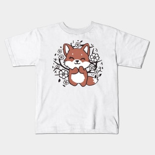 Praying Hands Fox in Sakura Kids T-Shirt